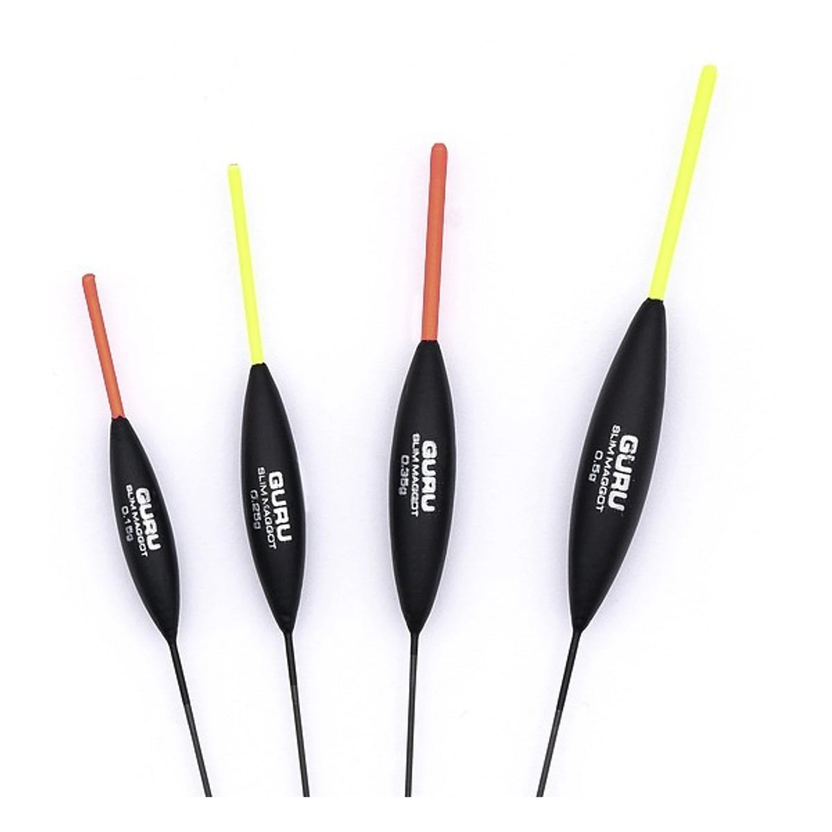 Guru Slim Maggot dobbers met opdruk 0.15g, 0.25g, 0.35g en 0.5g; antennes en lichamen in detail