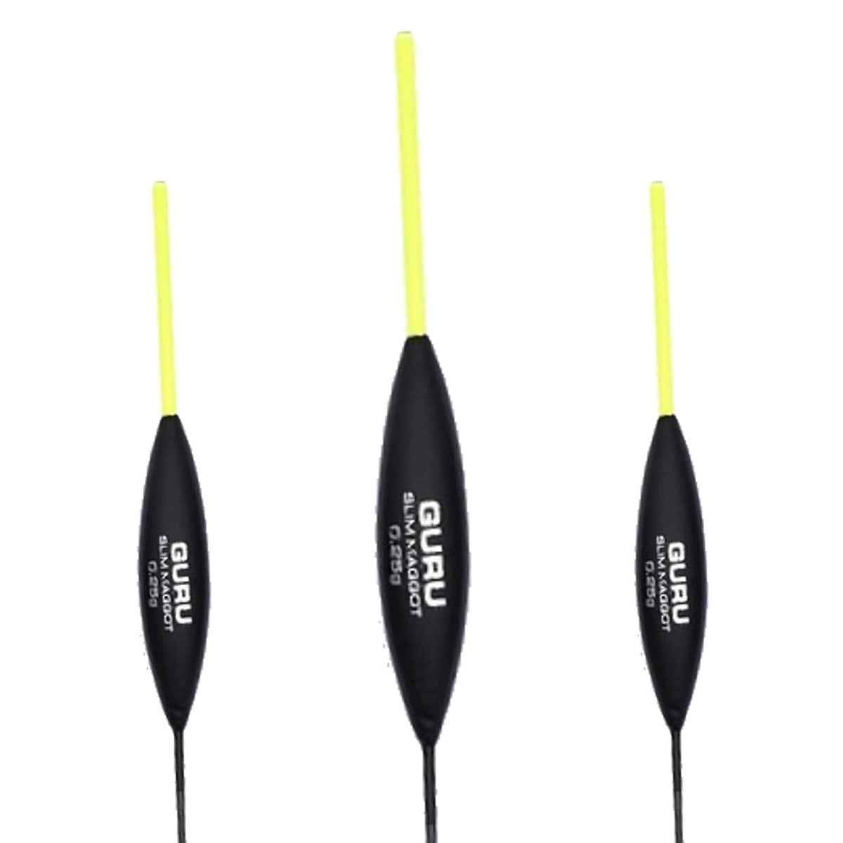 Guru Slim Maggot dobber 0.25g, compositie met drie dobbers en de middelste op de voorgrond