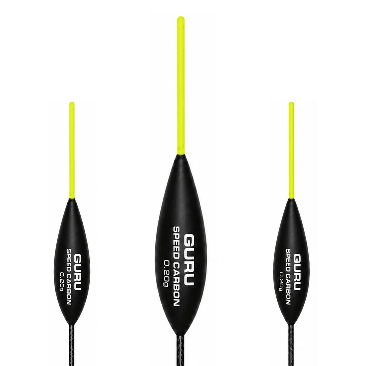 Guru Speed Carbon 0.20 g met drie gele antennes, middelste dobber groter