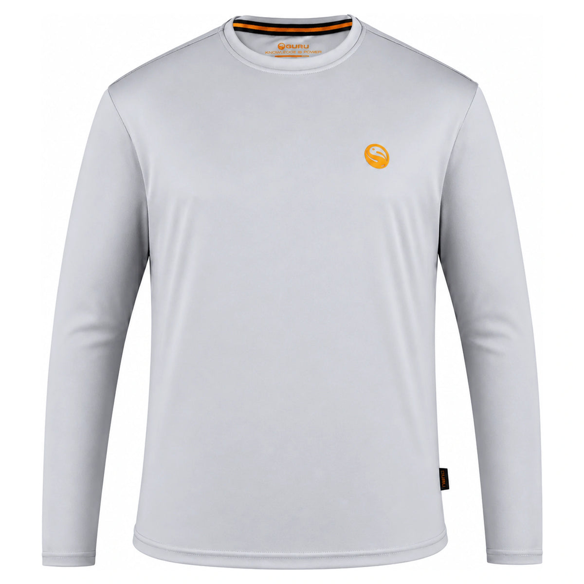 Lichtgrijs Guru Sun Core-shirt met lange mouwen en klein oranje borstlogo, vooraanzicht