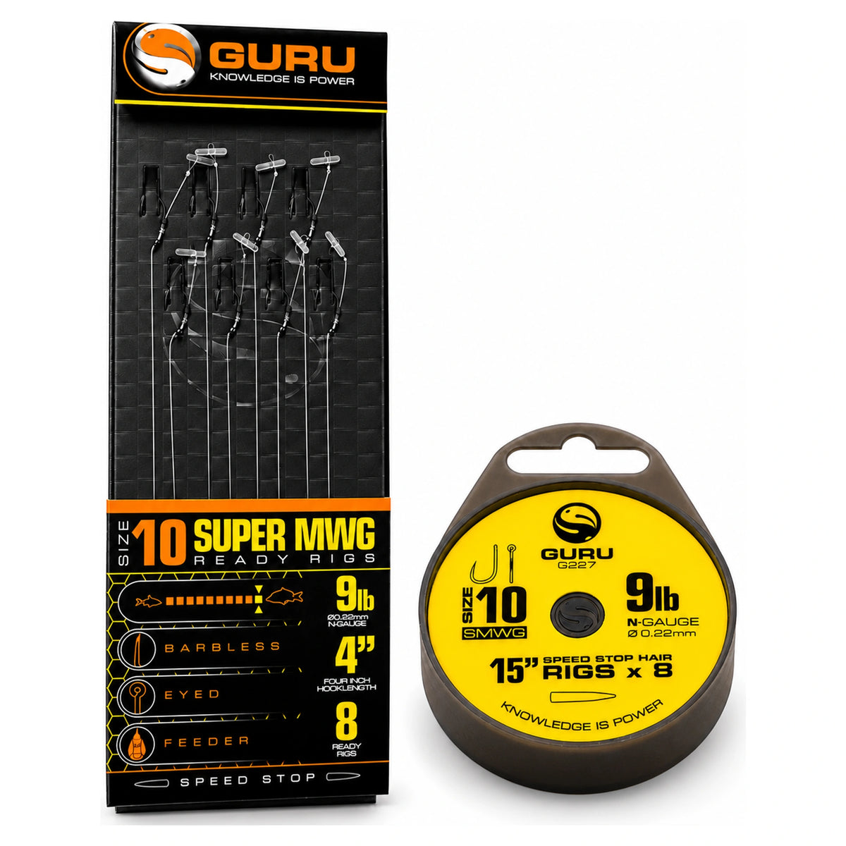 Guru Super MWG onderlijnen op zwarte 4-inch kaart naast ronde 15-inch spoel met geel etiket, beide maat 10