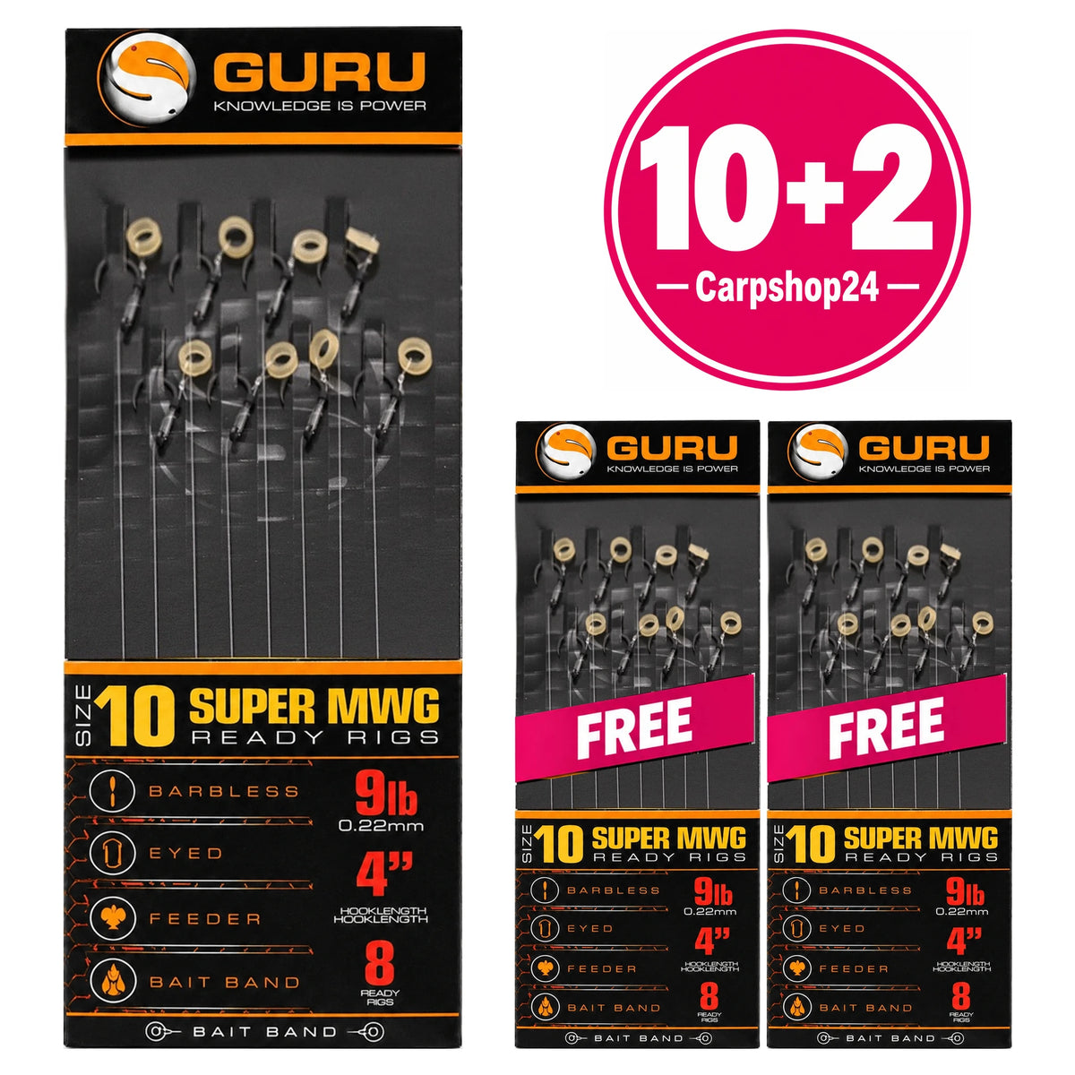 Guru Super MWG Bait Band Ready Rigs 4 inch – maat 10, 0.22 mm, 9 lb – 10+2 pakketdeal met twee gratis pakjes en volledige onderlijnen