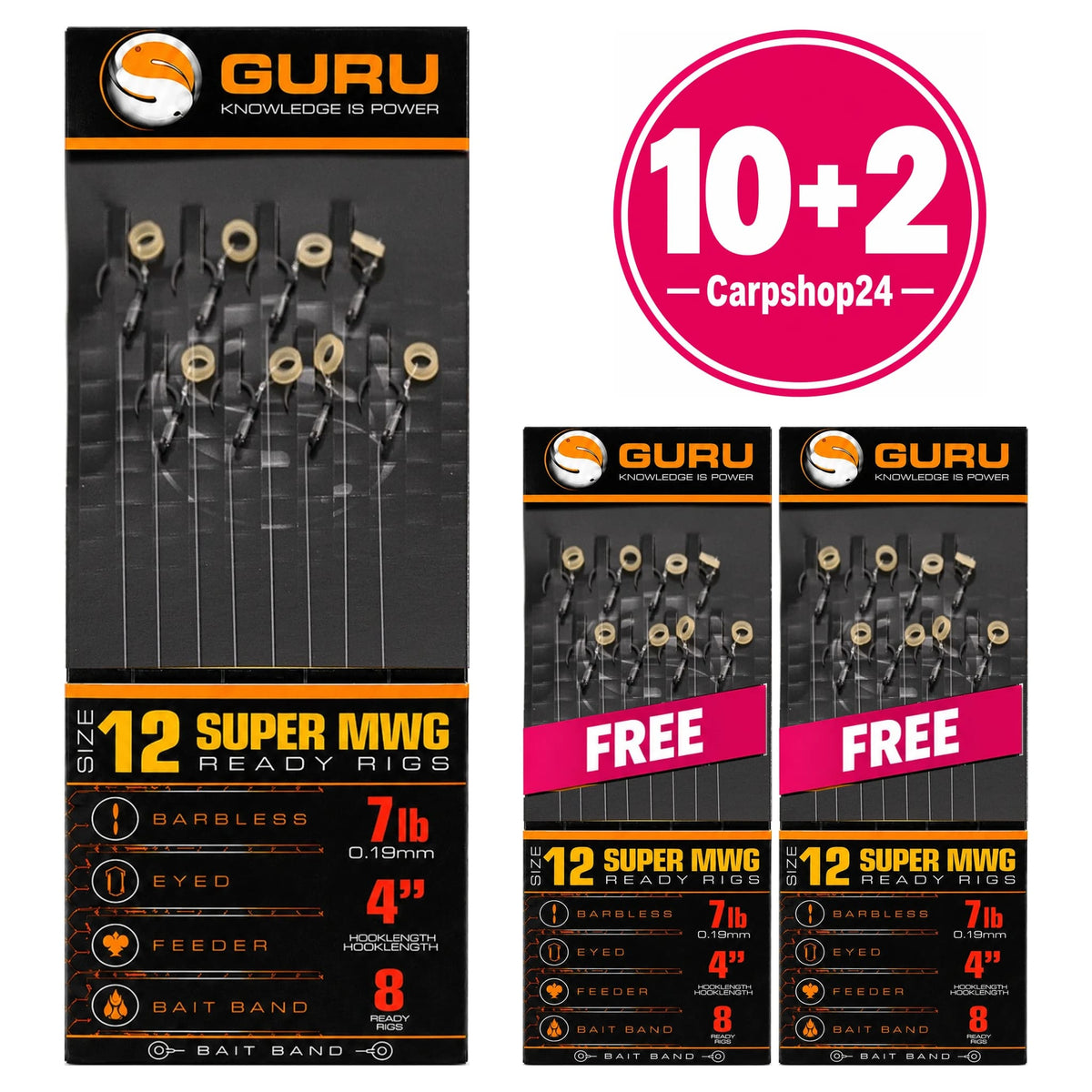Guru Super MWG Bait Band Ready Rigs 4 inch – maat 12, 0.19 mm, 7 lb – 10+2 pakketdeal met twee gratis pakjes en volledige onderlijnen