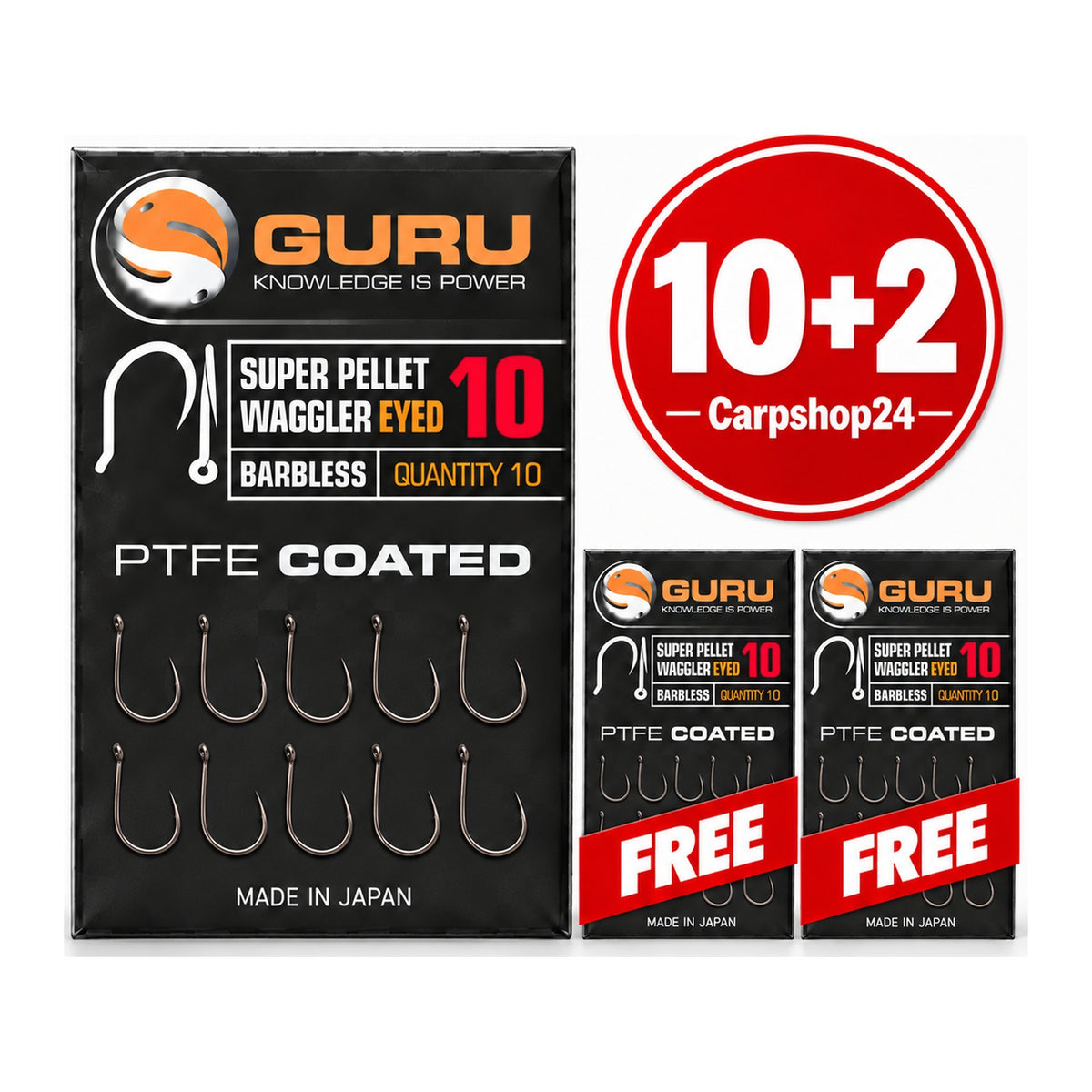 Guru Super Pellet Waggler Eyed Barbless maat 10 pakketdeal 10+2 – één groot pakje met tien gelijke haken en twee gratis pakjes
