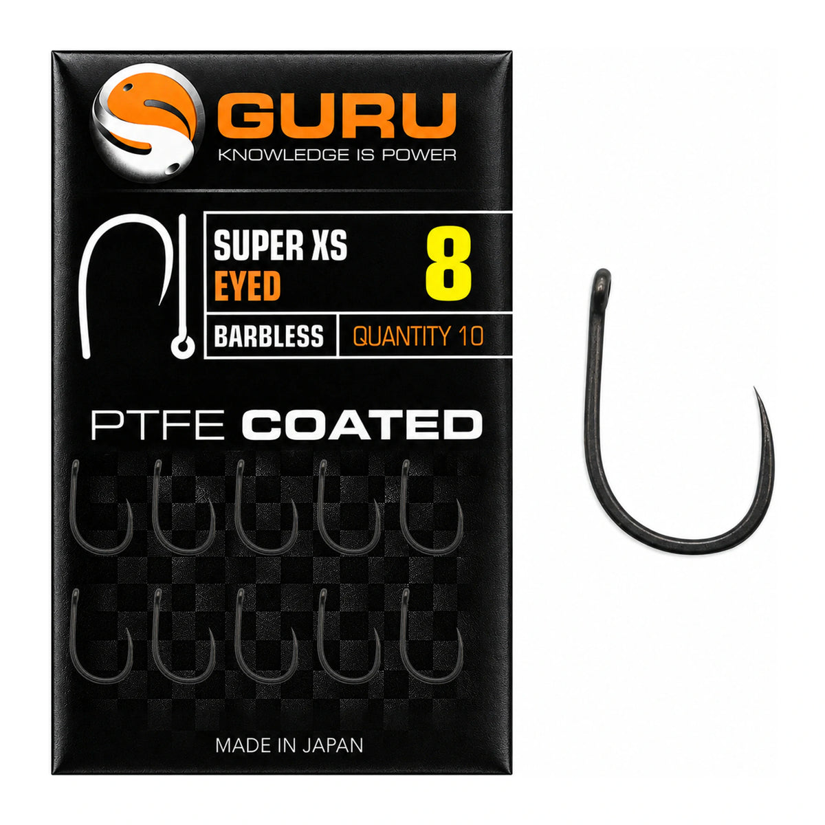 Guru Super XS Eyed Barbless maat 8 met verpakking, tien haken en losse haak