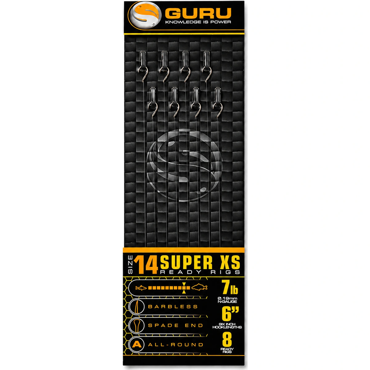Guru Super XS Ready Rigs maat 14 – acht onderlijnen, 7lb, 0.19mm, 6inch, barbless en spade end