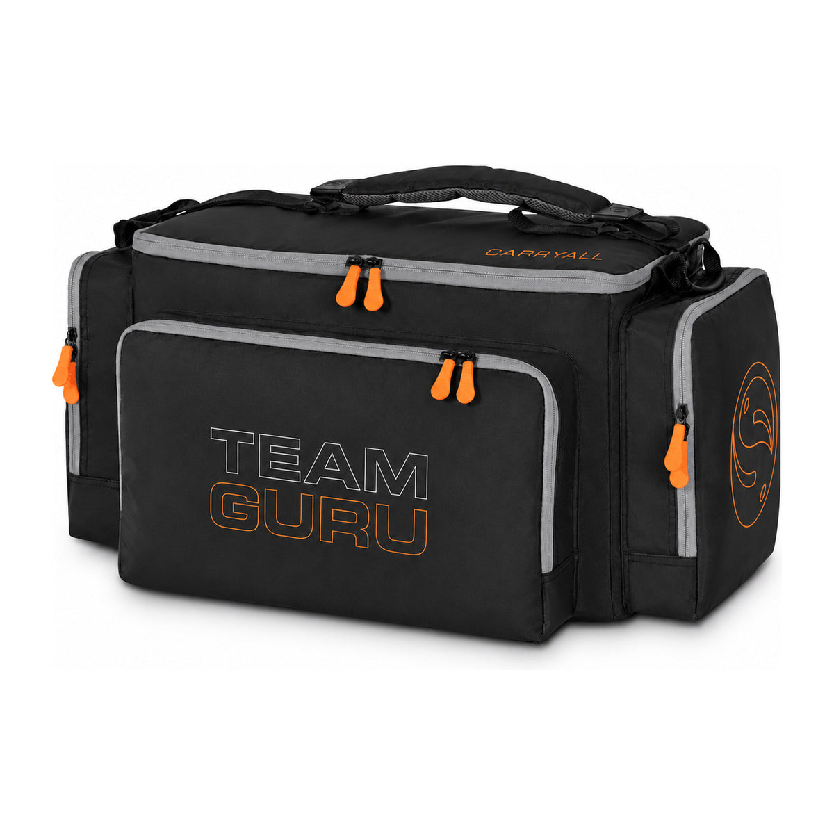 Guru Team Guru Carryall – zwarte draagtas met groot voorvak, zijvakken, grijze ritsbanden en oranje ritstrekkers