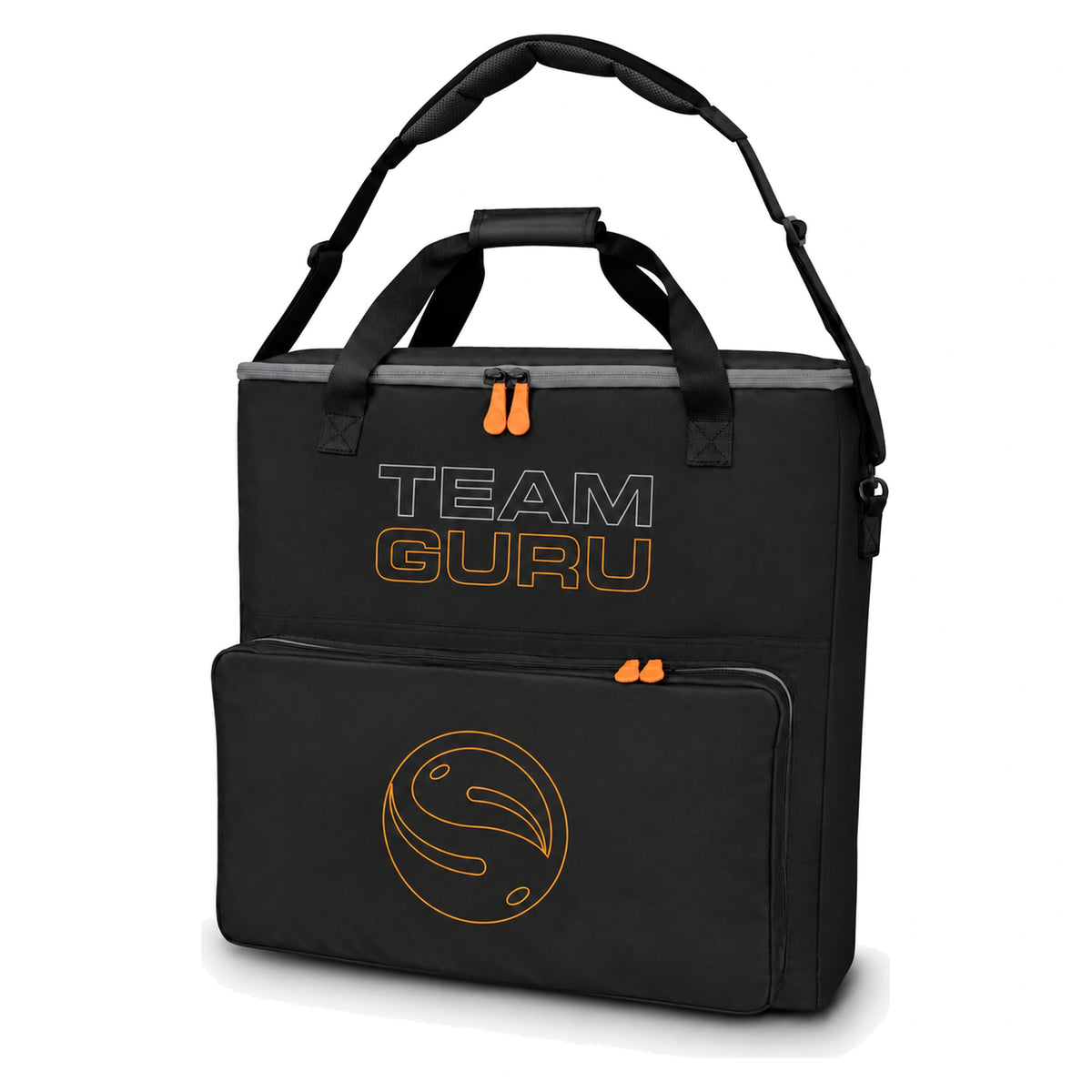 Guru Team Guru Net Bag GLG044 – zwarte leefnettas met voorvak, TEAM GURU-opdruk, oranje ritstrekkers, draaghandvatten en gevoerde schouderriem