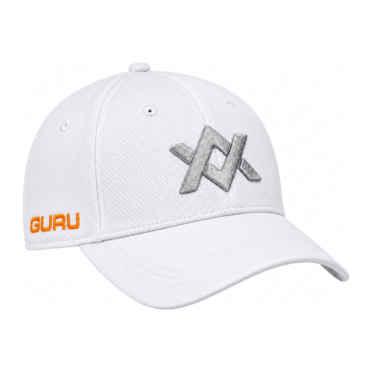 Guru White Aventus Cap witte pet met grijs Aventus-borduursel, oranje Guru-logo en gebogen klep
