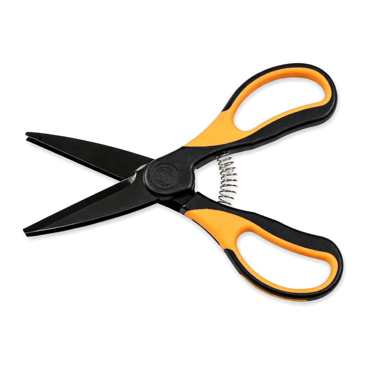 Guru Worm Scissors wormenschaar met geopende zwarte bladen, oranje handgrepen en metalen veer