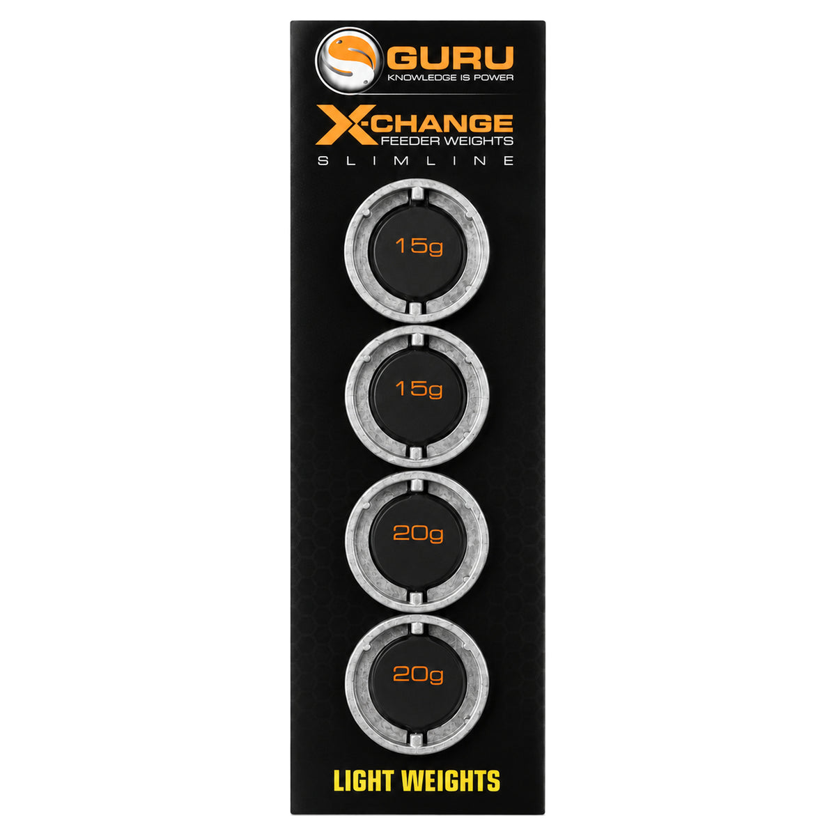 Guru X-Change Feeder Weights Slimline Light Weights – verpakking met twee gewichten van 15 g en twee van 20 g