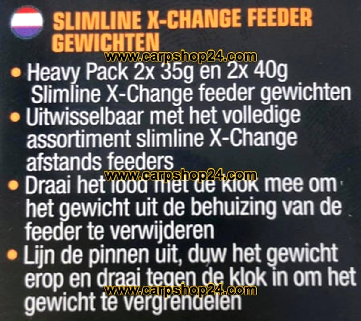 Guru Slimline X-Change feedergewichten – Nederlandse instructiekaart met Heavy Pack-vermelding en wisselmechanisme