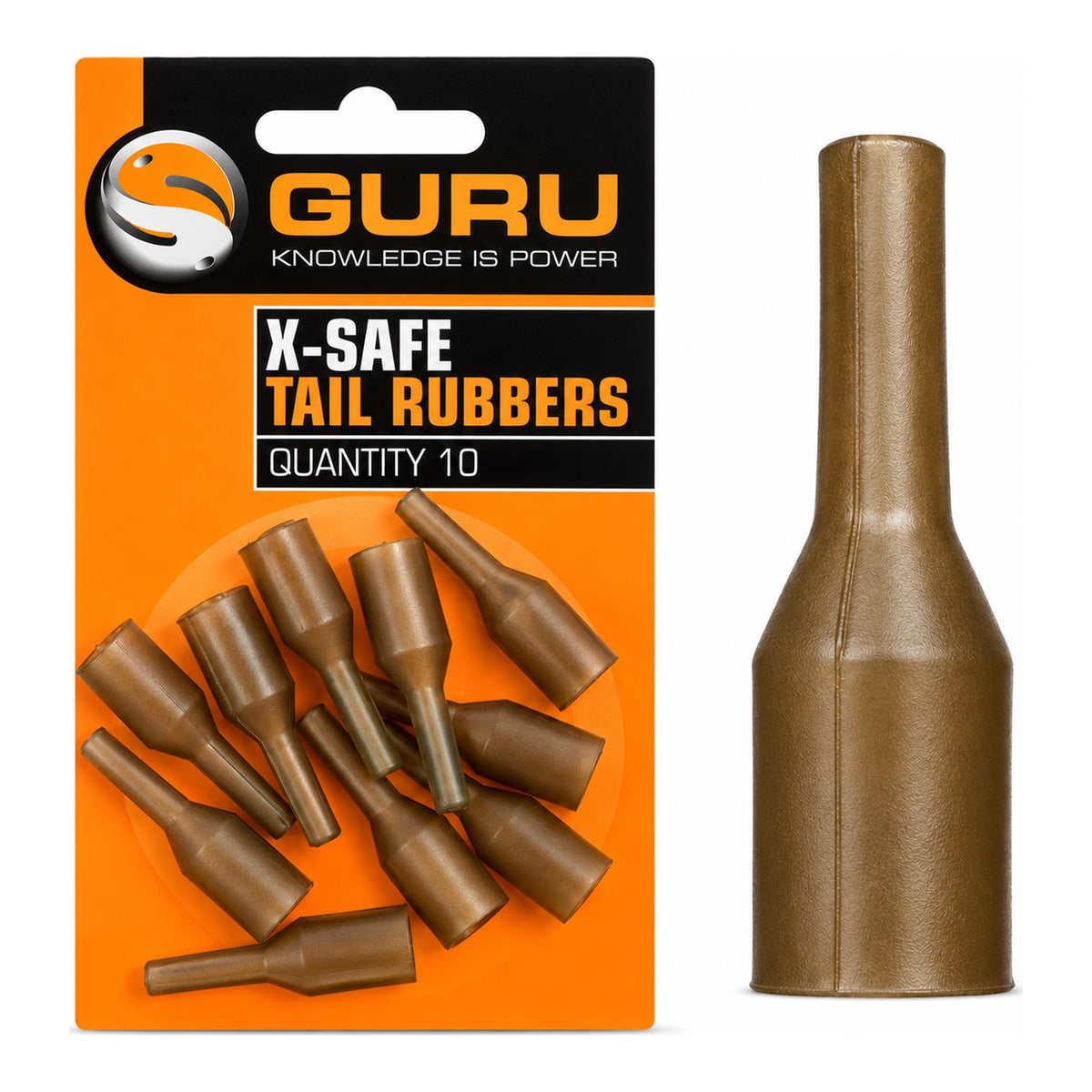 Guru X-Safe Tail Rubbers, verpakking met tien reserve-eindrubbers en een vergroot eindrubber