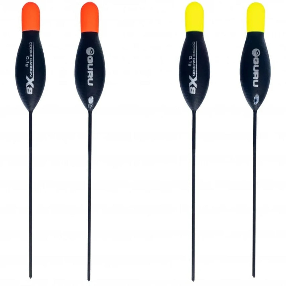 Vier Guru XS Carbon Cookie dobbers van 0,10 g met rode en gele antenne