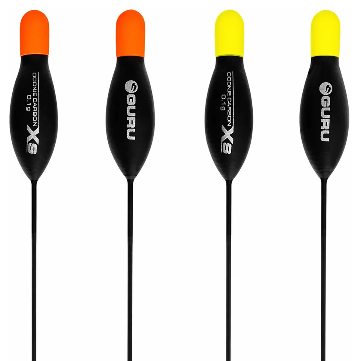 Vier Guru XS Carbon Cookie dobbers met oranje en gele antennes