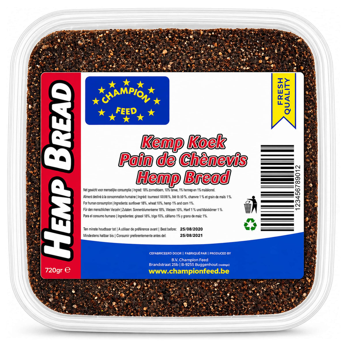 Rechthoekige bak Champion Feed Hemp Bread met hennepvoer en bedrukt deksel.