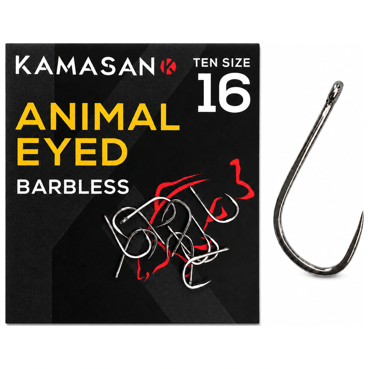 Kamasan Animal Eyed Barbless maat 16, verpakking met losse haken en vergrote haak