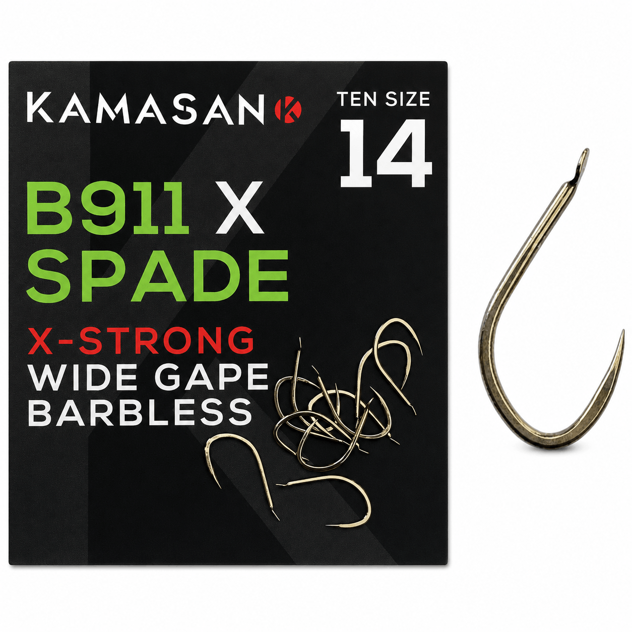 kamasan-b911-X-spade-x-strong-wide-gape-barbless-haak-size-14