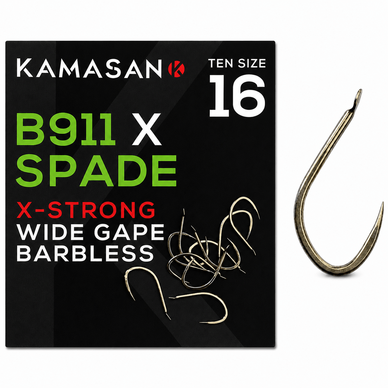 kamasan-b911-X-spade-x-strong-wide-gape-barbless-haak-size-16