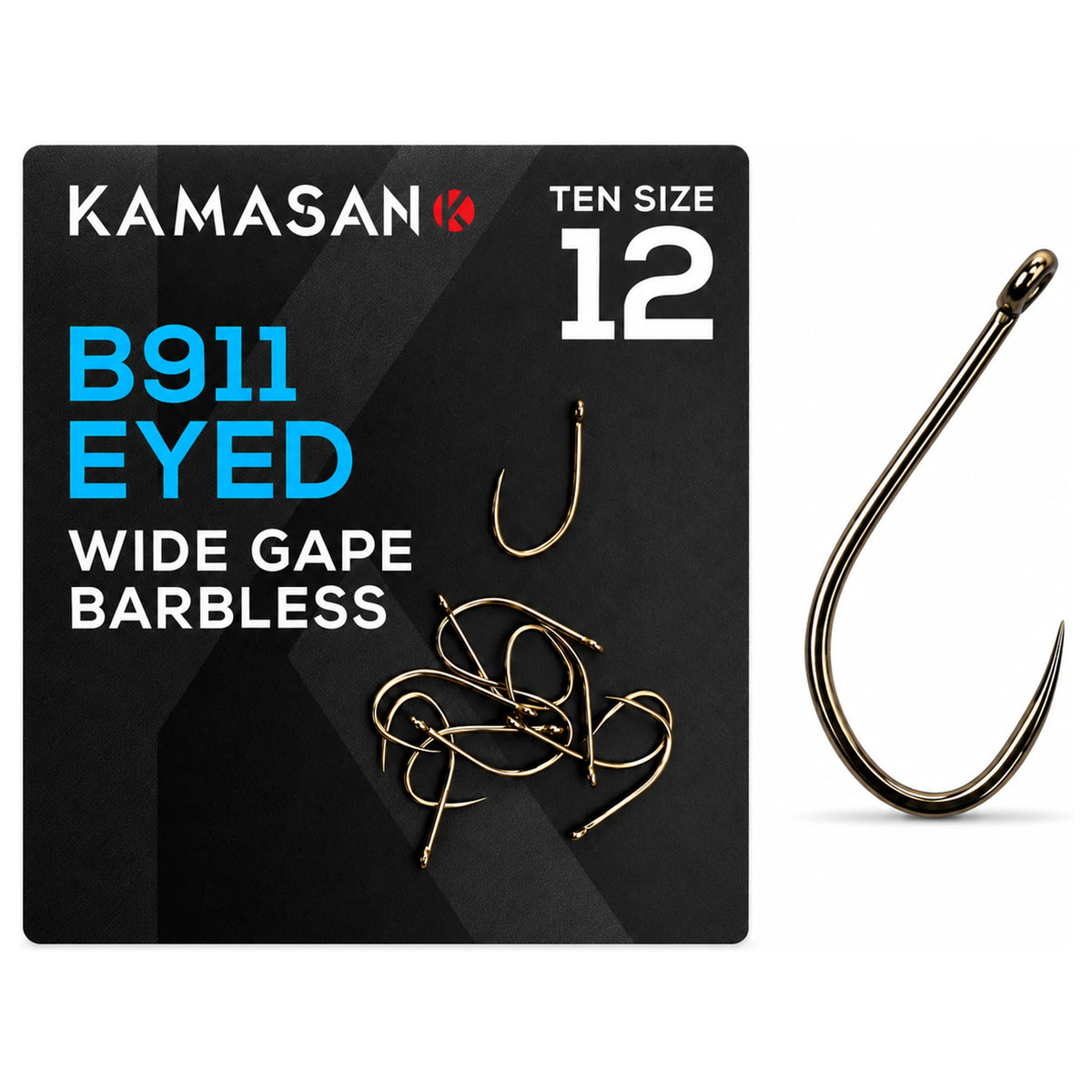 Kamasan B911 Eyed Wide Gape Barbless haak maat 12