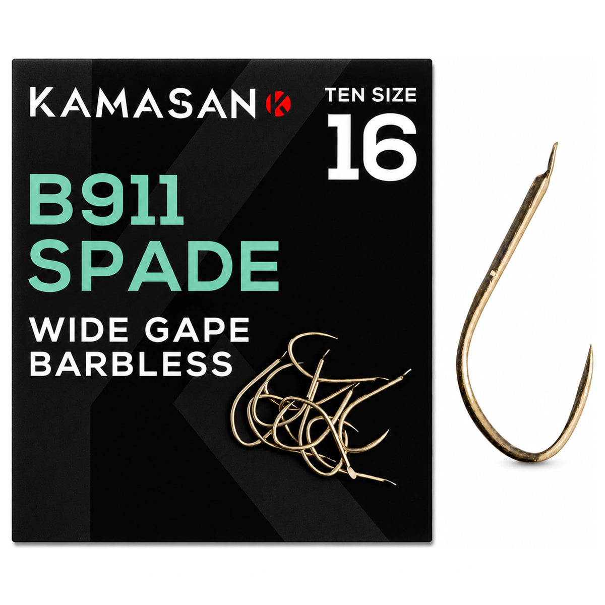 Kamasan B911 Spade Wide Gape Barbless haken maat 16 met verpakking