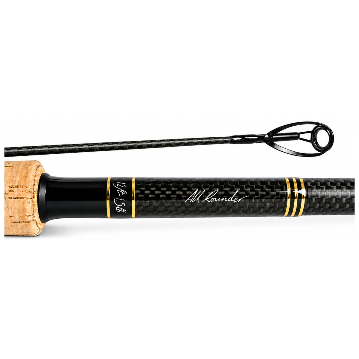 Korum 3K Allrounder in horizontale close-up met kurk, geleideoog en 12ft 1.5lb-opdruk