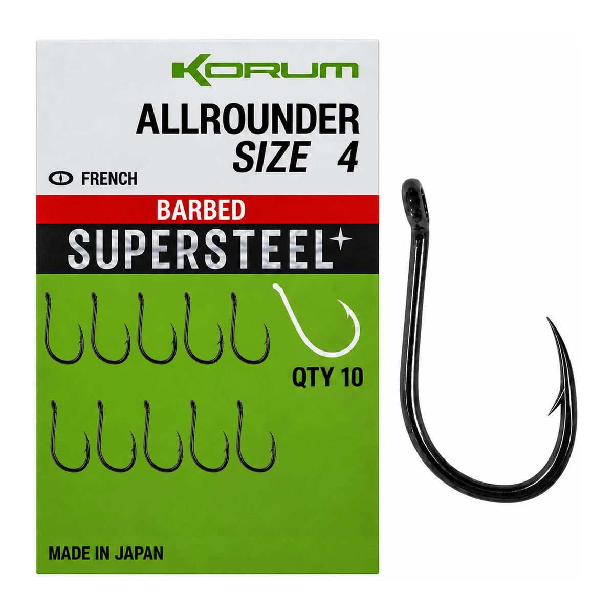 Korum Allrounder Barbed Supersteel haak maat 4 met verpakking, 10 haken en losse haak