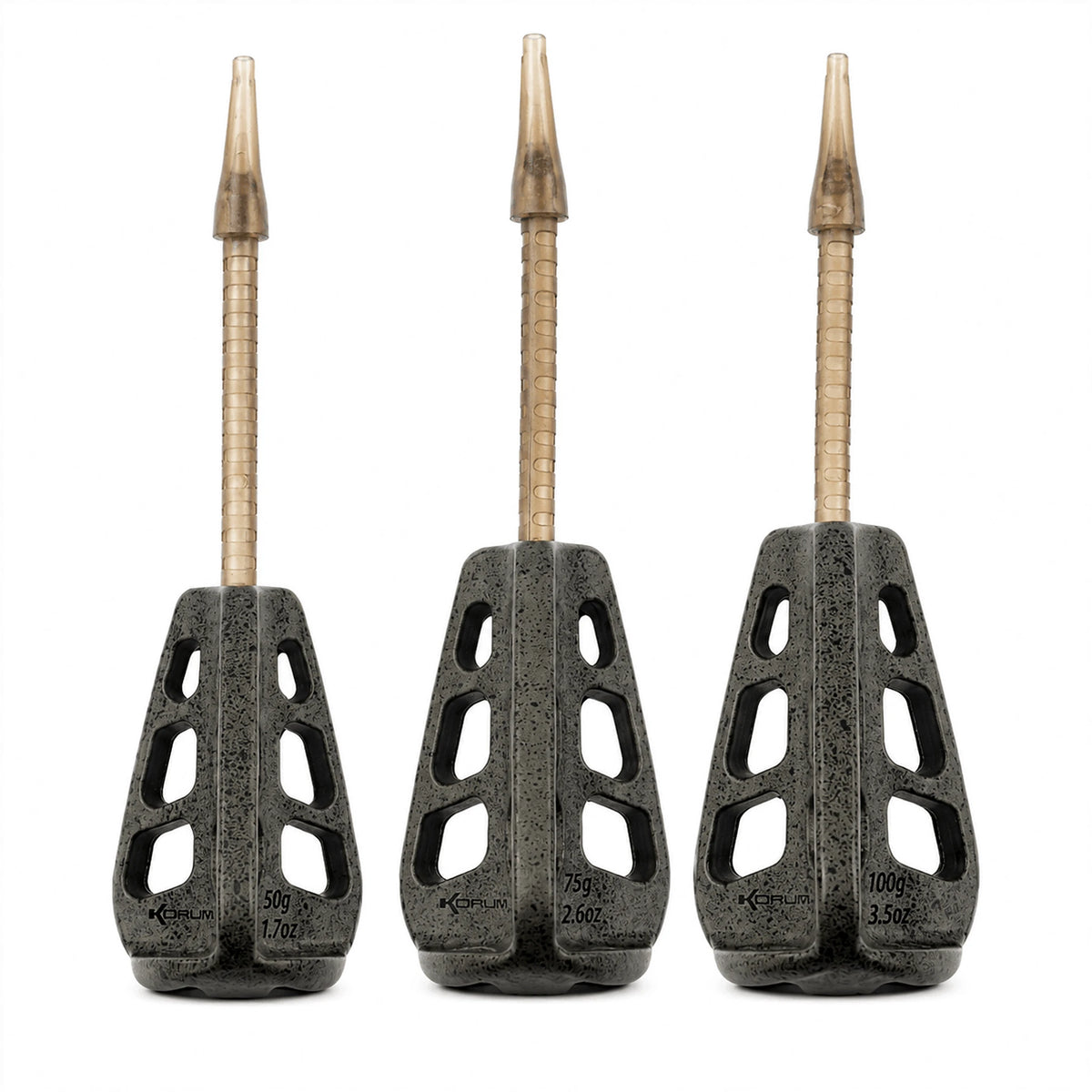 Korum Arrowhead Distance Method Feeders: overzicht van drie uitvoeringen met opschriften 50 g, 75 g en 100 g