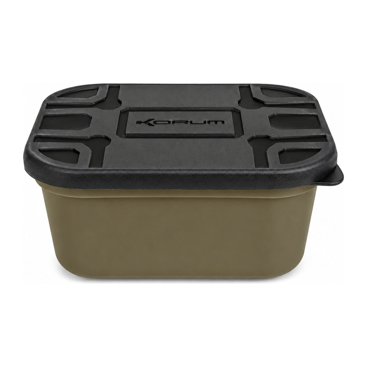 Ondiepe Korum Bait Tub met zwart gevormd deksel en lipje aan de rechterkant