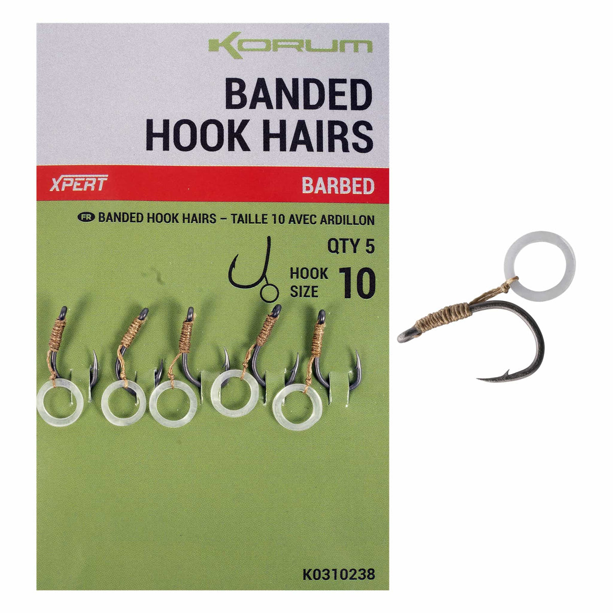 Korum Banded Hook Hairs Barbed maat 10: verpakking met vijf haken en een vergrote haak met bait band