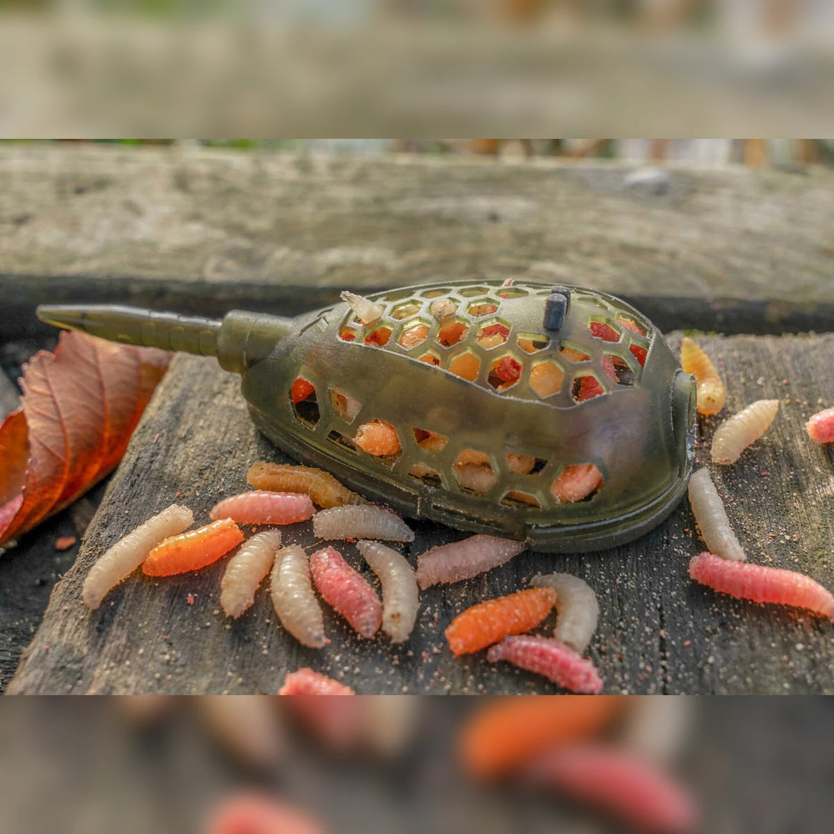 Korum Camo Grub Feeder – close-up van de oorspronkelijke korf met maden