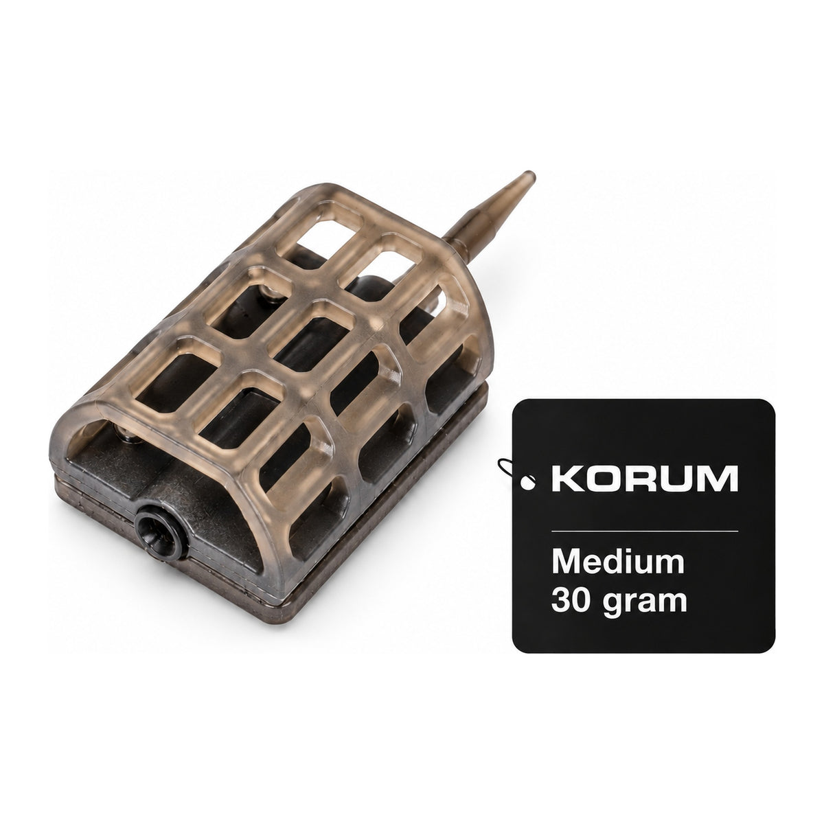 Korum Camo Inline Cage Medium 30 gram – camouflagebruine inline voerkorf met zwart Korum-gewichtslabel
