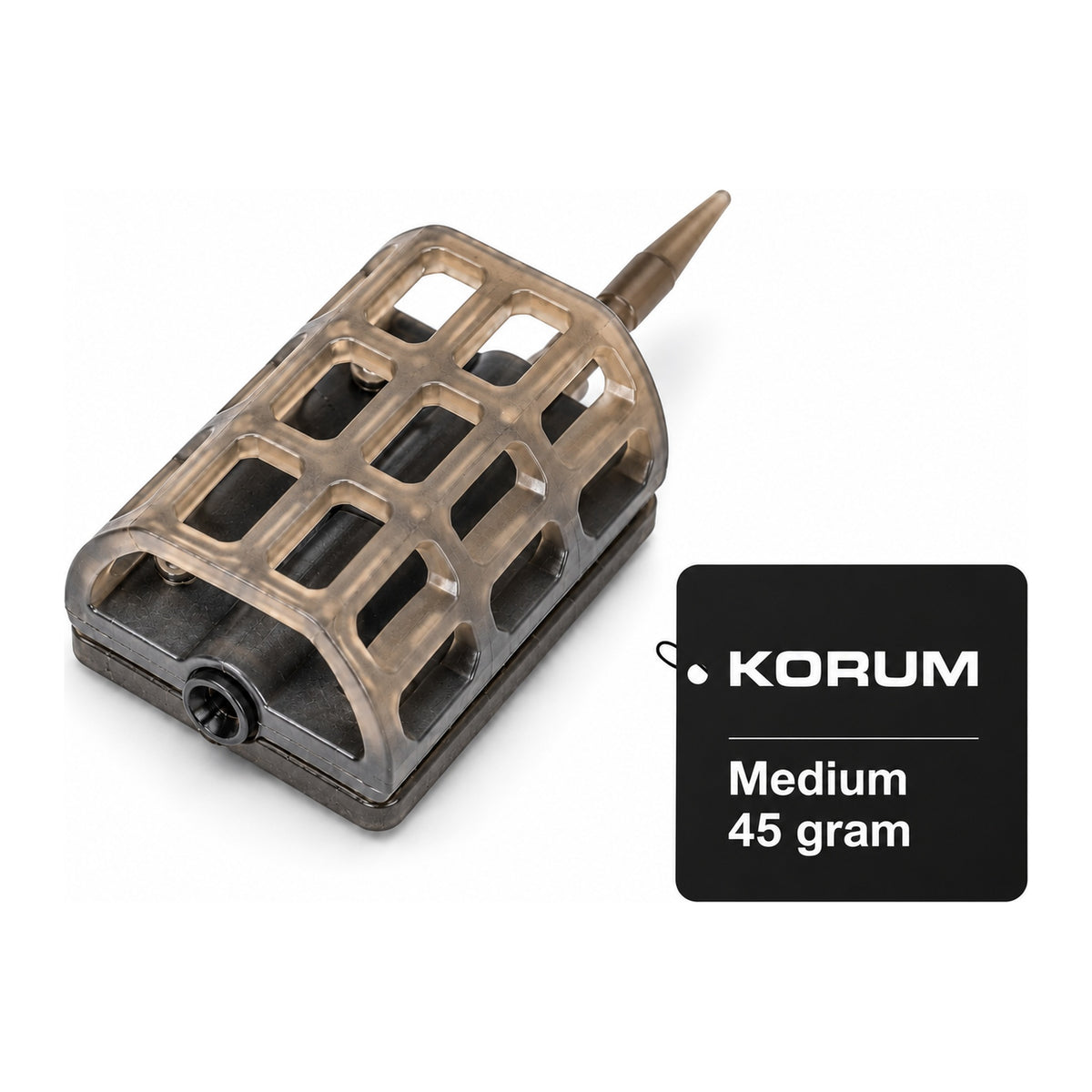 Korum Camo Inline Cage Medium 45 gram – camouflagebruine inline voerkorf met zwart Korum-gewichtslabel