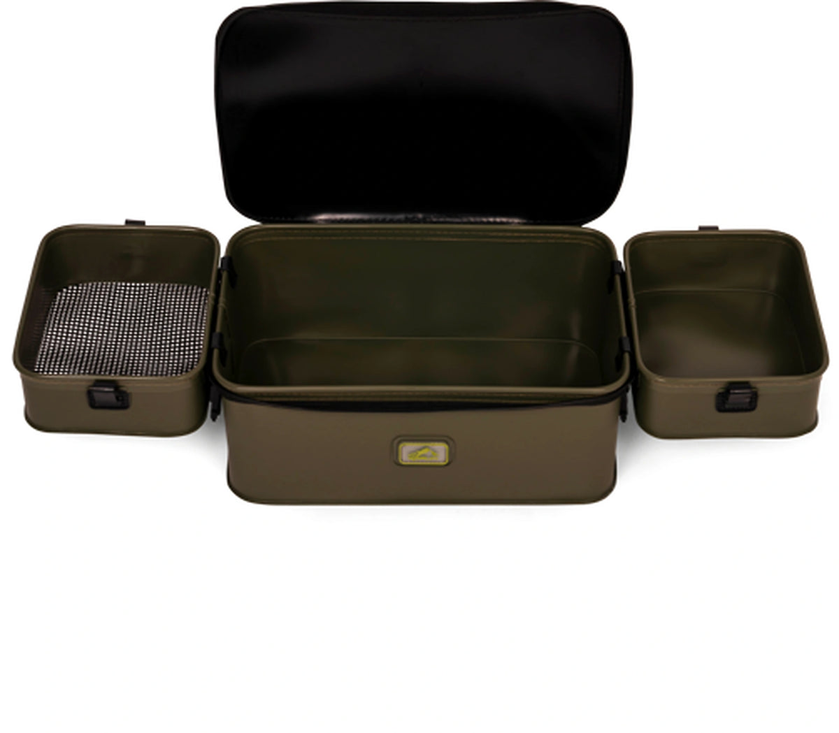 Korum EVA Tackle & Bait Carryall met geopend hoofdvak en twee bakken aan de buitenzijde