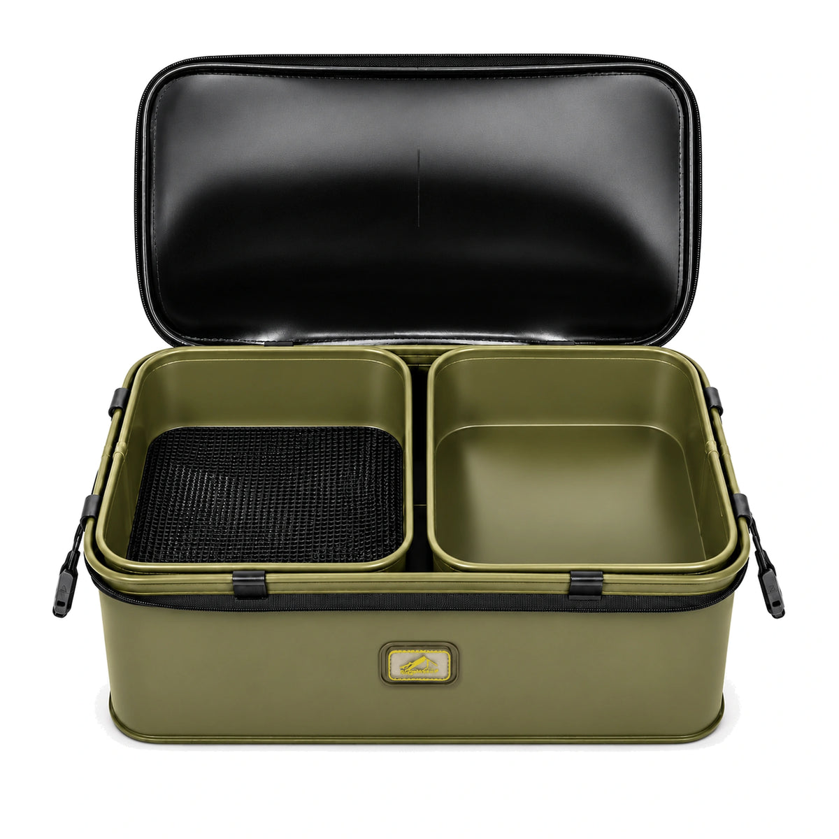 Korum EVA Tackle & Bait Carryall geopend met twee uitneembare bakken, links met zwarte zeefbodem