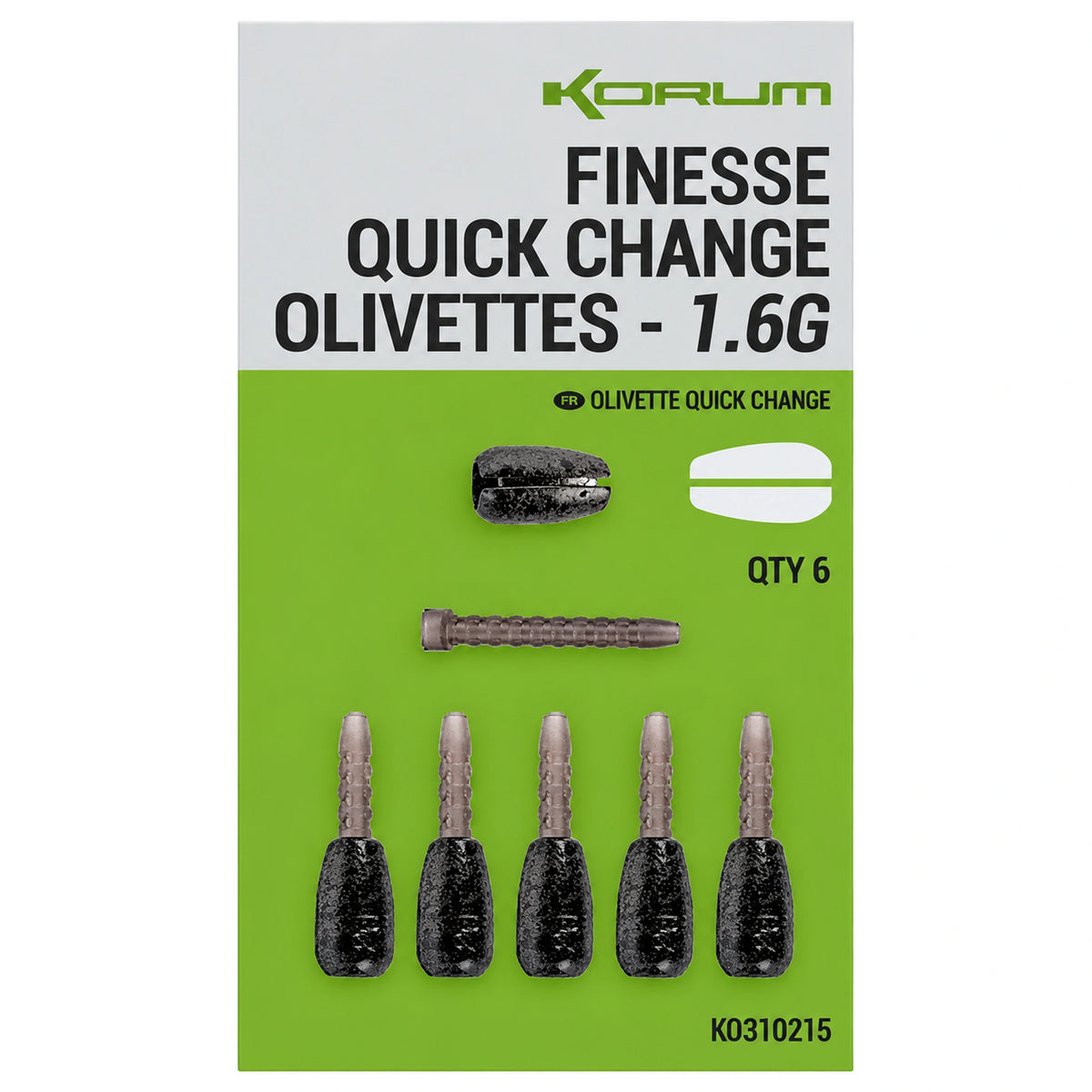 Korum Finesse Quick Change Olivettes 1.6G, groen-grijze verpakking met zwarte olivettes en geribbelde pennetjes
