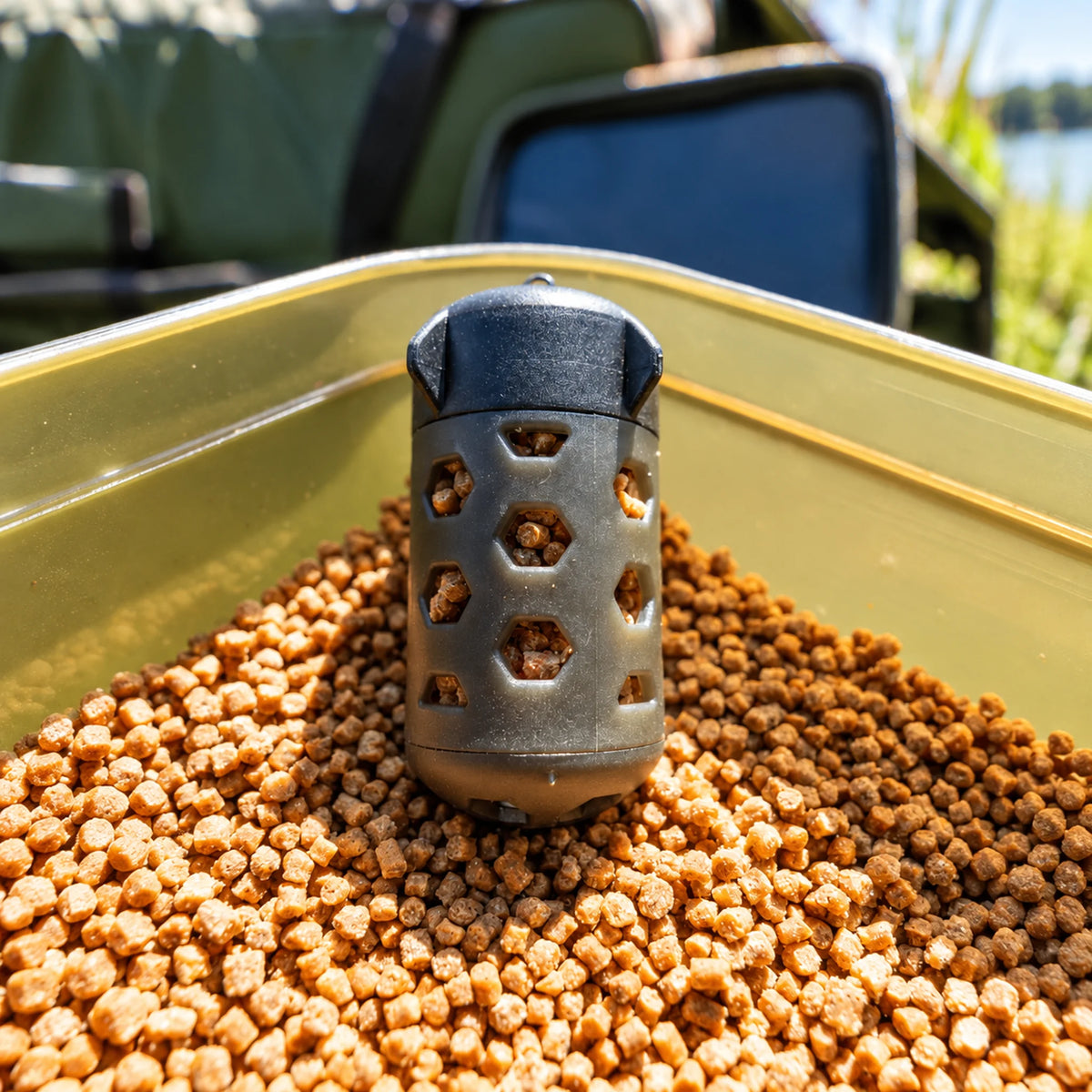 Korum Floating Feeder K0320069 gevuld met pellets in een aasbak