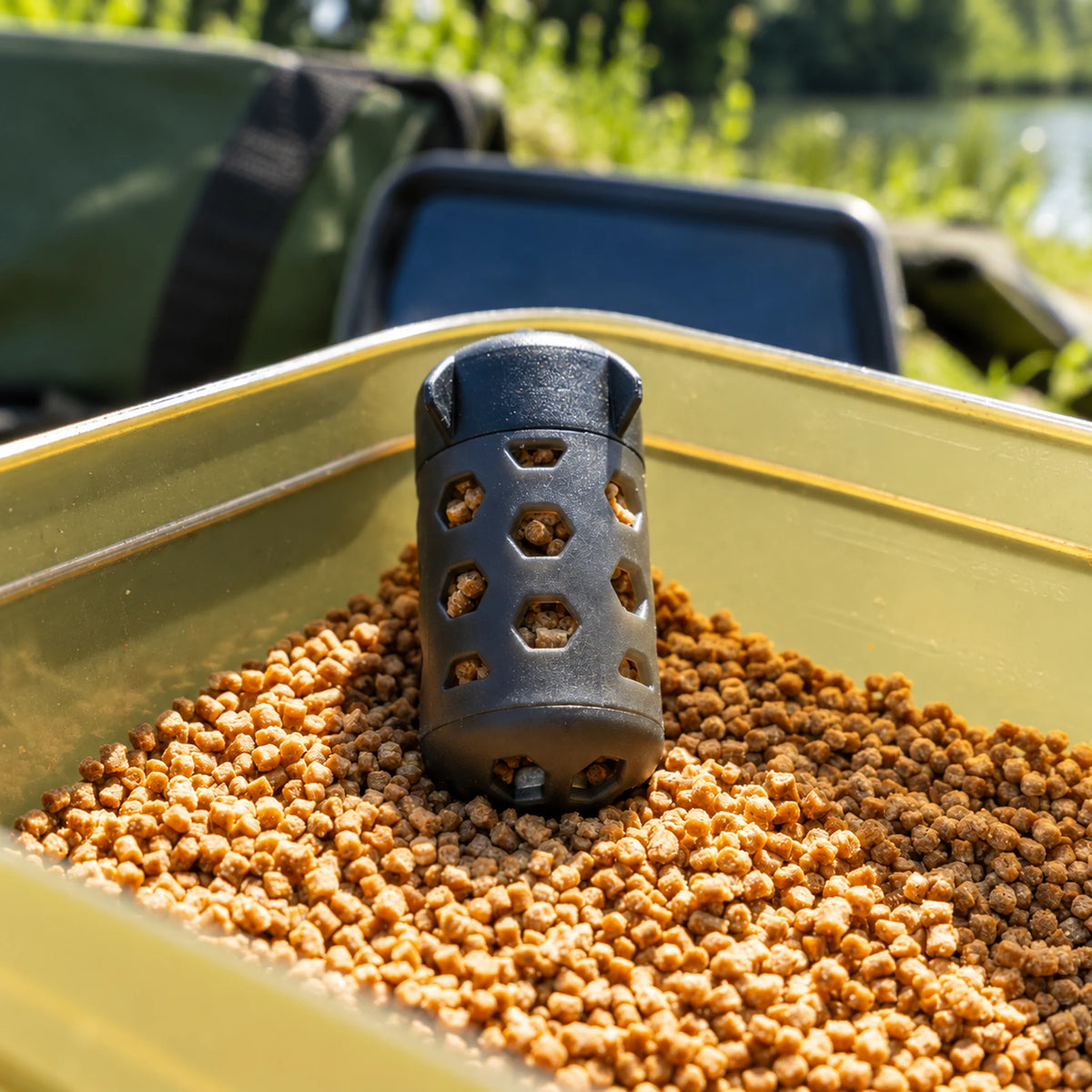 Korum Floating Feeder K0320069 gevuld met pellets – vooraanzicht met zichtbare bodemopeningen in een aasbak