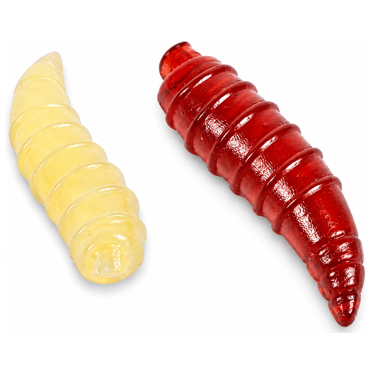 Twee Korum Floating Grubs imitatiemaden in crèmegeel en rood