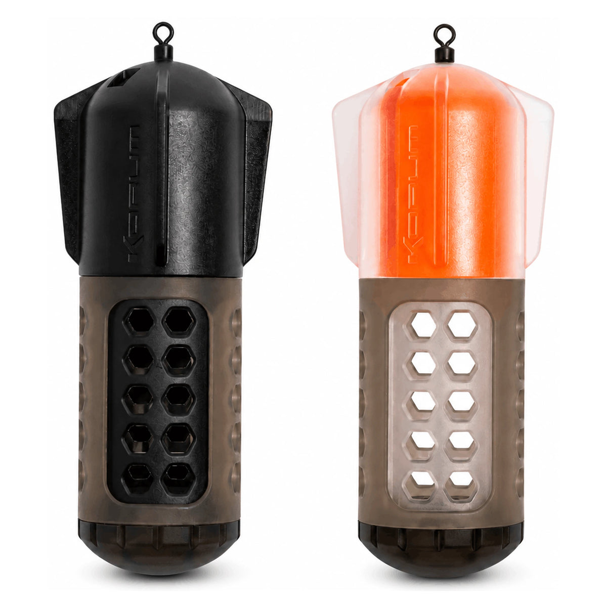 Korum Floating Window Combi Feeder Black Top en Fluoro Top naast elkaar op witte achtergrond
