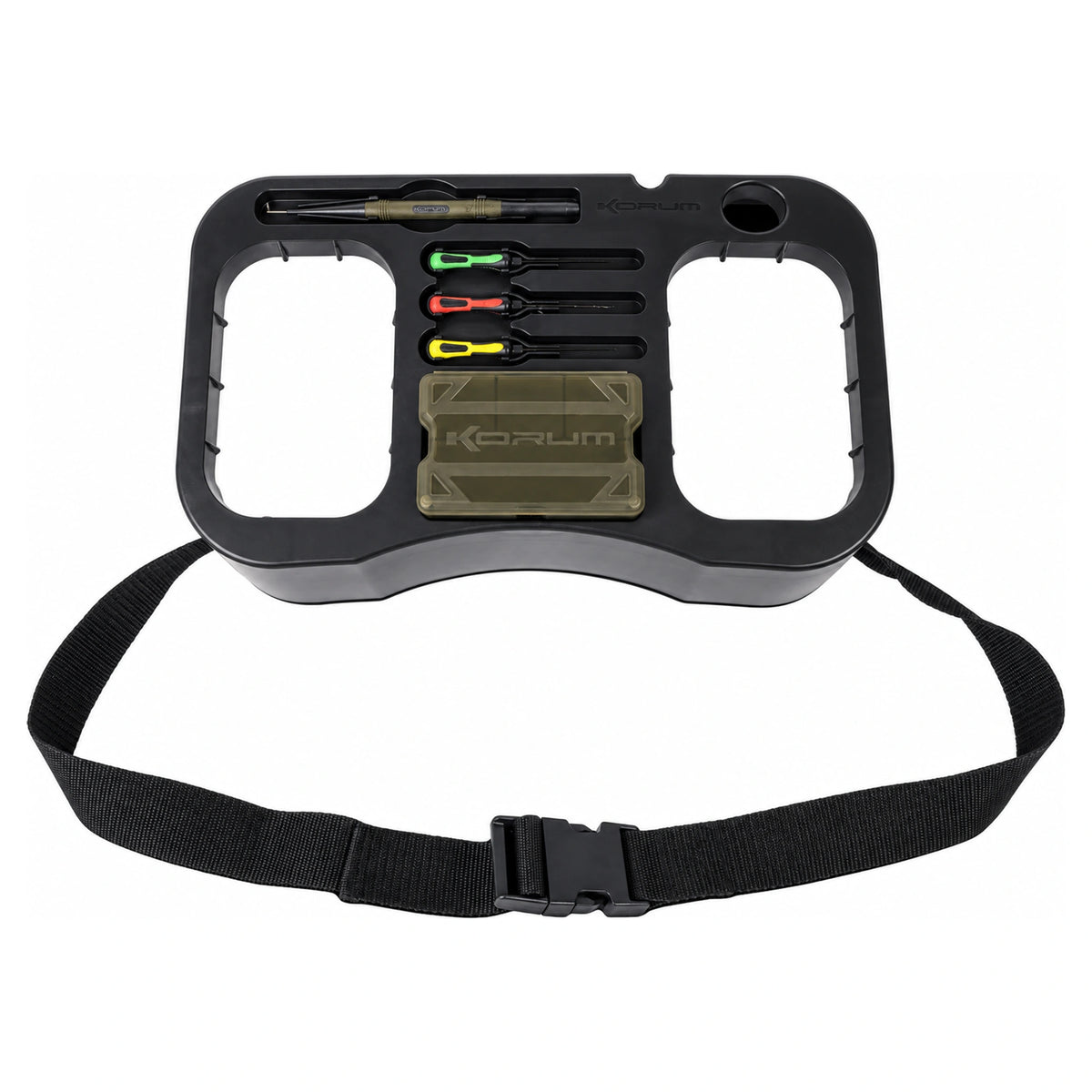 Korum Glide Trotting Tray aasplateau met tools en zwarte heupriem