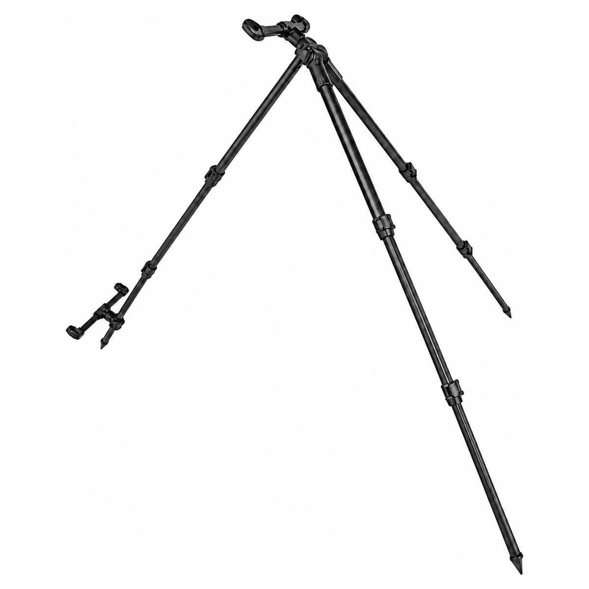 Korum Progress Compact River Tripod – uitgeklapte zwarte driepoot met telescopische poten en twee hengelsteunen