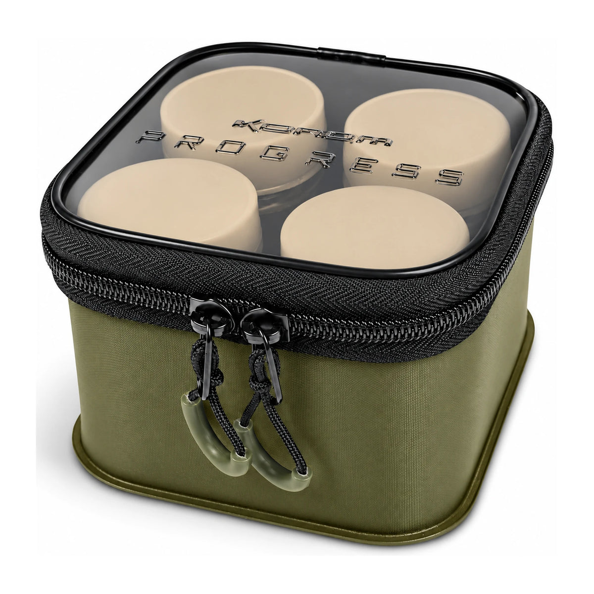 Korum Progress EVA Hookbait Pouch 4 Tub met vier haakaaspotjes onder het transparante deksel