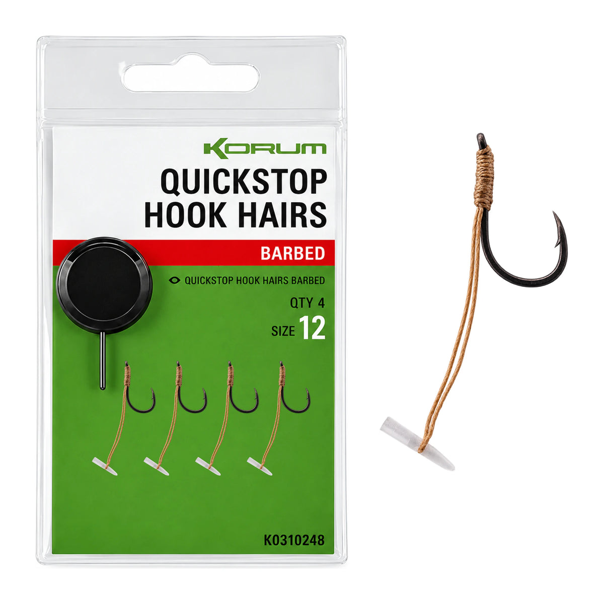 Korum Quickstop Hook Hairs Barbed – haak met quickstop en weerhaak, maat 12