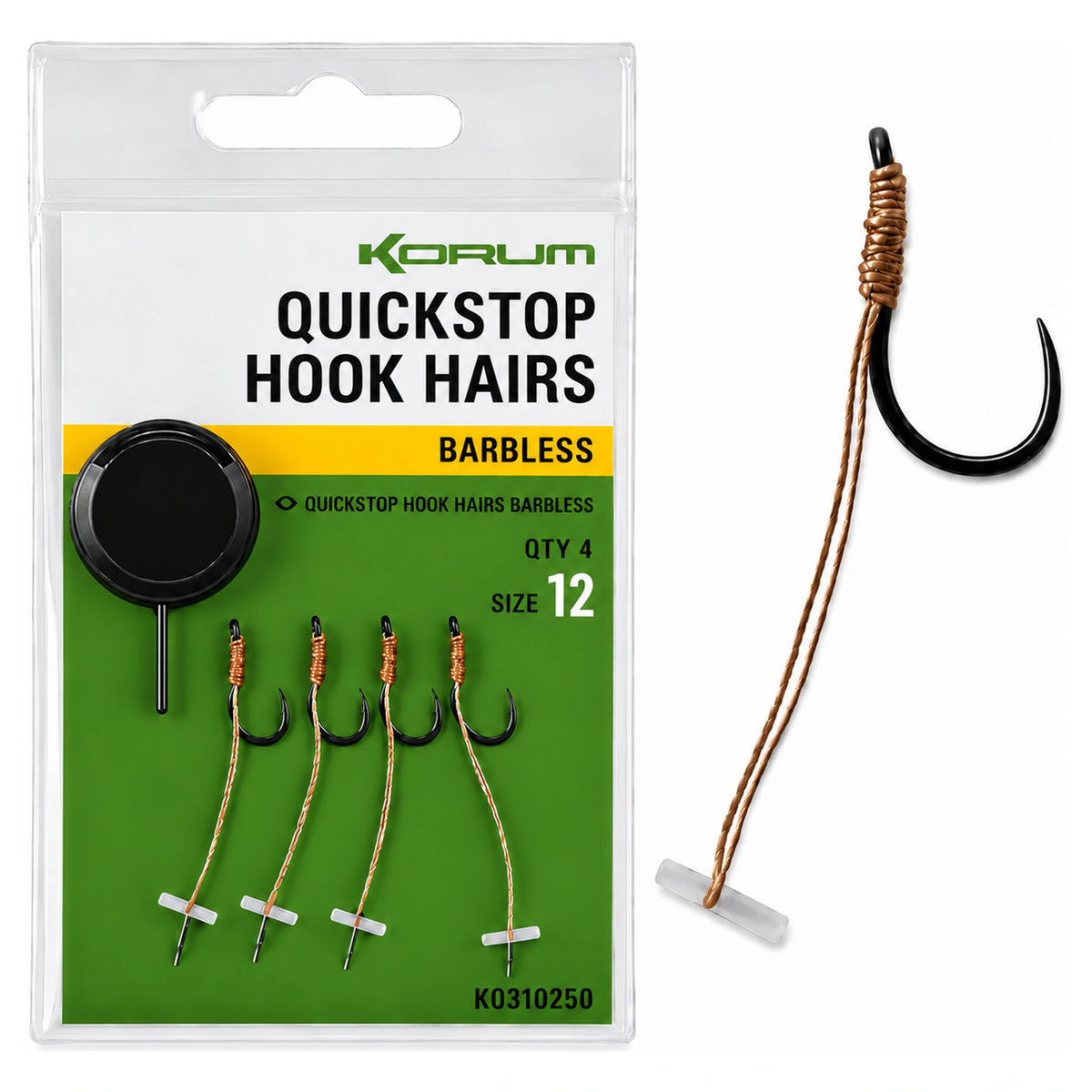 Korum Quickstop Hook Hairs Barbless-verpakking met vier haken maat 12 en een uitvergrote haak met quickstop