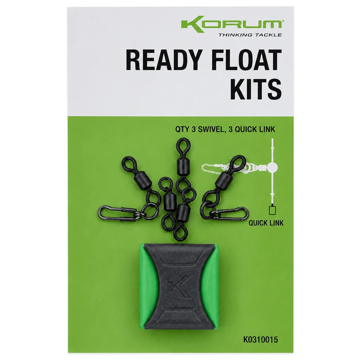 Korum Ready Float Kits verpakking met drie swivels, quick links en Grip Stops