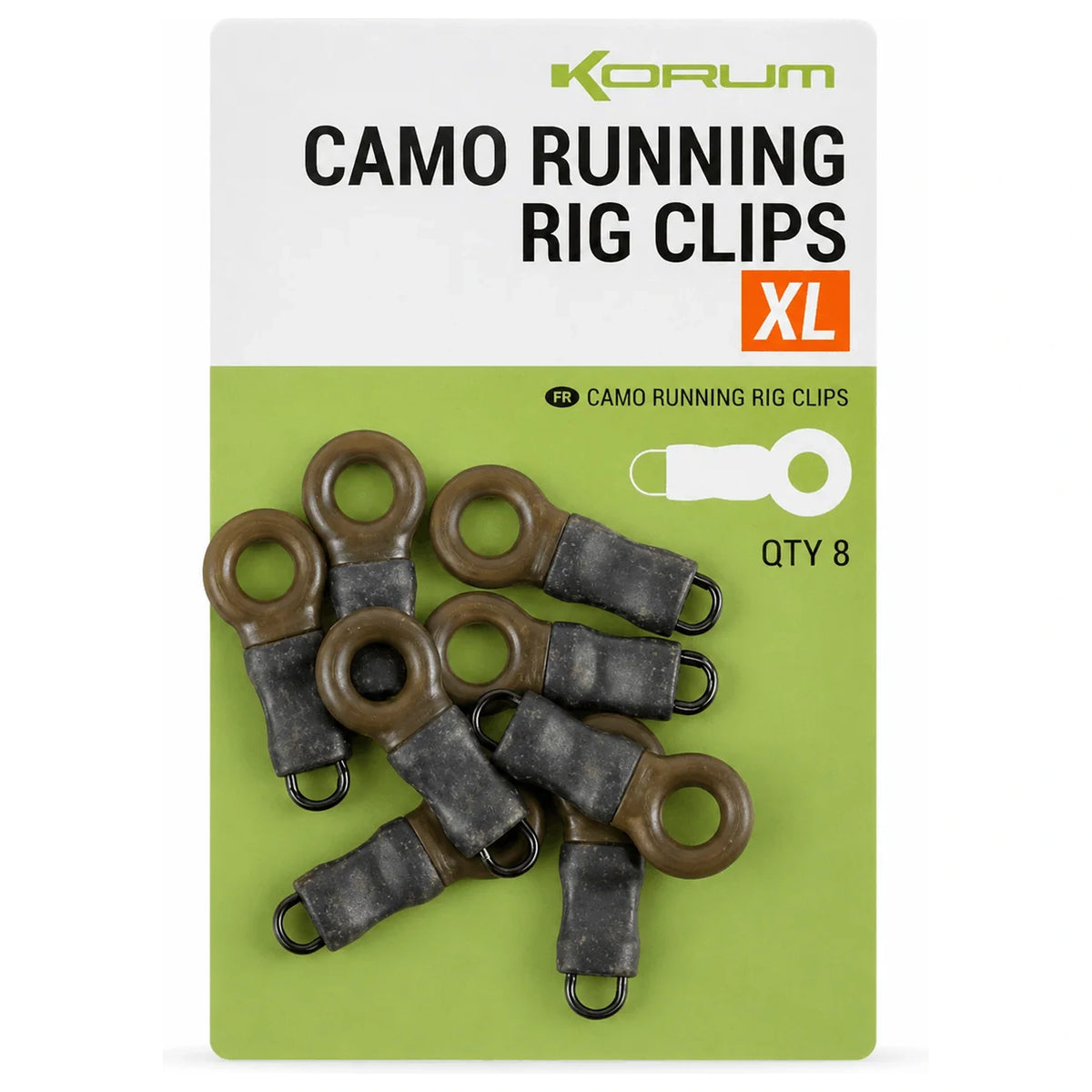 Korum Camo Running Rig Clips XL met acht bruine ogen, grijze cliplichamen en zwarte lussen op verpakking