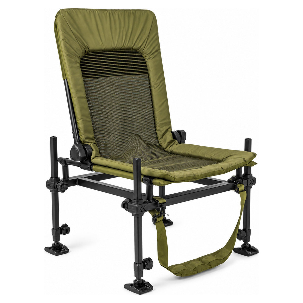 Korum Supa Lite Stretch Feeder Chair S23 – volledig opgestelde stoel met vier poten en draagriem