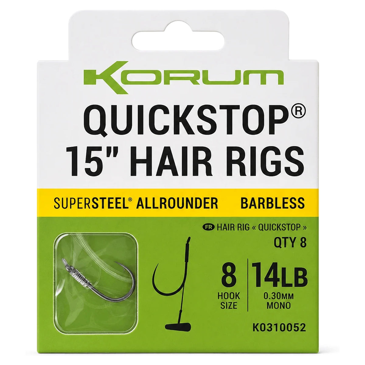 Korum Quickstop Hair Rigs Barbless 38 cm – verpakking maat 8, 0.30 mm, met complete onderlijnen