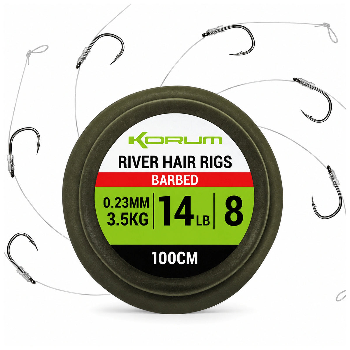 Korum River Hair Rigs op ronde spoel met zes haken; etiket BARBED, 0.23MM, 3.5KG, 14, LB, 8 en 100CM